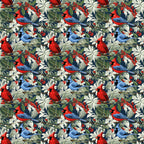 christmas cardinals, red birds, blue jays, winter birds, holly berries, pine needles, evergreen branches, botanical pattern, navy blue background, red cardinal, blue bird, green foliage, winter foliage, holiday fabric,, repeating pattern, nature motif, winter theme, bird illustration, festive design