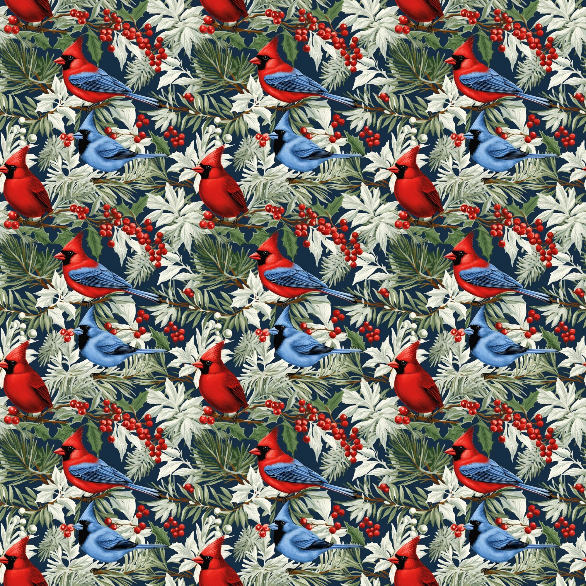 christmas cardinals, red birds, blue jays, winter birds, holly berries, pine needles, evergreen branches, botanical pattern, navy blue background, red cardinal, blue bird, green foliage, winter foliage, holiday fabric,, repeating pattern, nature motif, winter theme, bird illustration, festive design