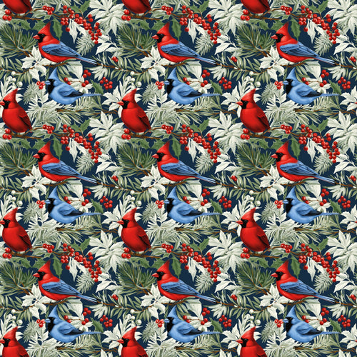christmas cardinals, red birds, blue jays, winter birds, holly berries, pine needles, evergreen branches, botanical pattern, navy blue background, red cardinal, blue bird, green foliage, winter foliage, holiday fabric,, repeating pattern, nature motif, winter theme, bird illustration, festive design