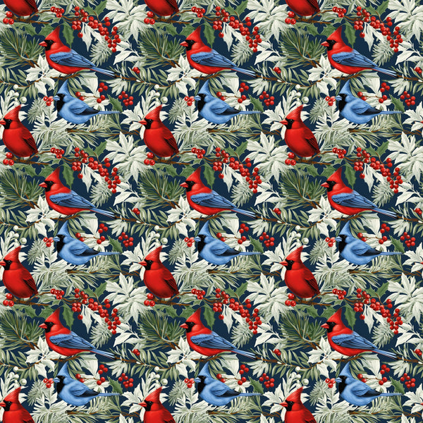 christmas cardinals, red birds, blue jays, winter birds, holly berries, pine needles, evergreen branches, botanical pattern, navy blue background, red cardinal, blue bird, green foliage, winter foliage, holiday fabric,, repeating pattern, nature motif, winter theme, bird illustration, festive design