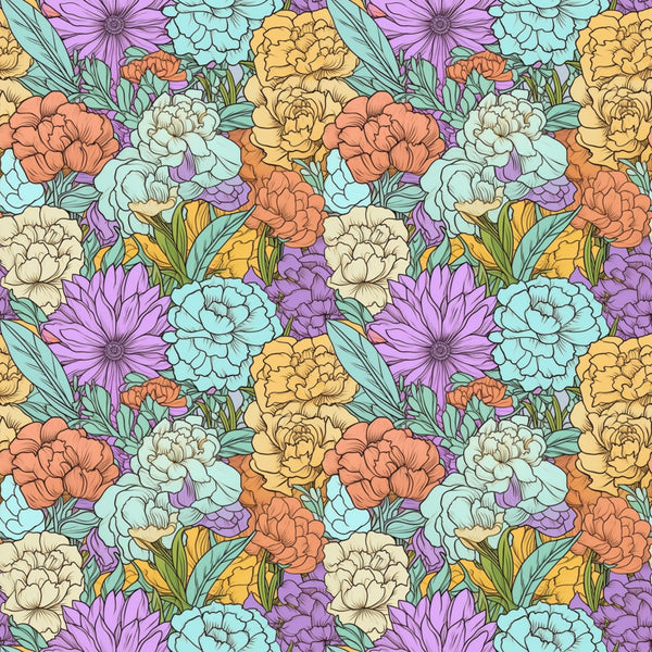 lavender purple, coral pink, pale yellow, mint green, cream white, light blue, pastel colors, floral pattern, flowers, peonies, roses, dahlias, botanical, nature, garden, spring, summer, whimsical, romantic, bohemian, vintage, colorful, multi-colored, detailed line work, hand-drawn style, nursery, playroom, kids room, baby shower, feminine