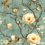 sage green, cream roses, skulls, thorny vines, gothic floral, vintage illustration,, fabric panel, autumn leaves, botanical skulls, distressed texture, muted pastels, dark academia, spooky florals, bramble thorns, bone white, weathered finish, halloween motifs, nature gothic, romantic macabre