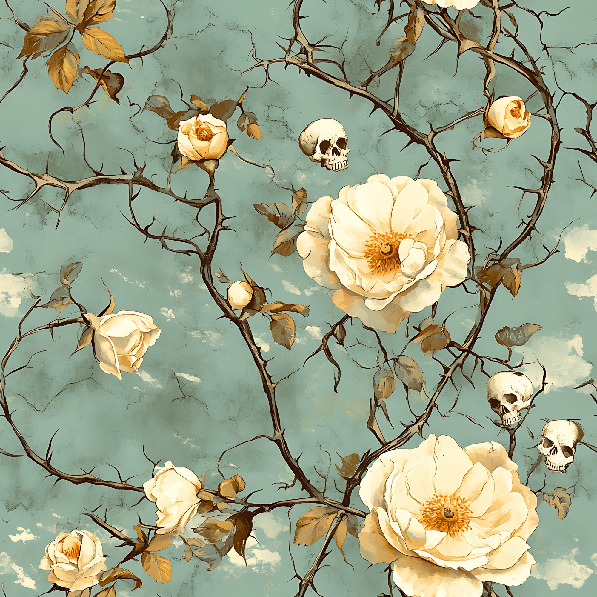 sage green, cream roses, skulls, thorny vines, gothic floral, vintage illustration,, fabric panel, autumn leaves, botanical skulls, distressed texture, muted pastels, dark academia, spooky florals, bramble thorns, bone white, weathered finish, halloween motifs, nature gothic, romantic macabre