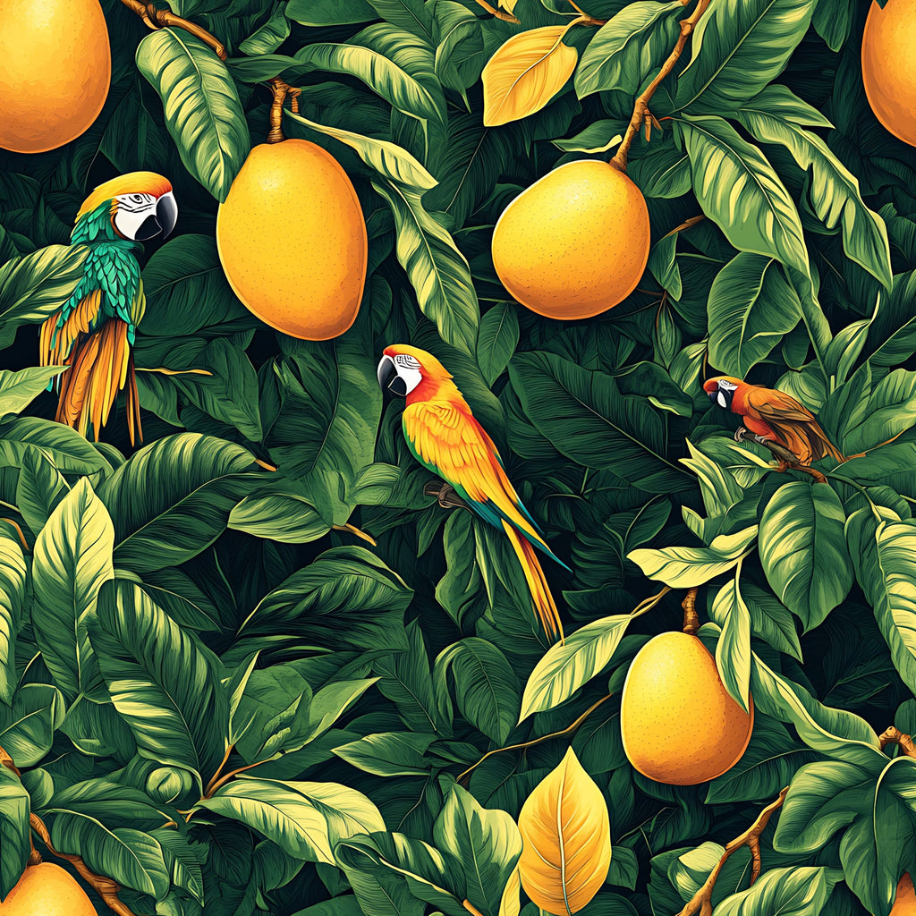 tropical pattern, mango fruits, colorful parrots, macaws, lush foliage, green leaves, orange yellow, vibrant colors, exotic birds, jungle theme, botanical design,, fabric panel, tropical paradise, rainforest motif, nature scene, bright artwork, seamless repeat, tropical wildlife, leafy branches