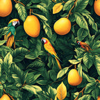 tropical pattern, mango fruits, colorful parrots, macaws, lush foliage, green leaves, orange yellow, vibrant colors, exotic birds, jungle theme, botanical design,, fabric panel, tropical paradise, rainforest motif, nature scene, bright artwork, seamless repeat, tropical wildlife, leafy branches