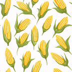 yellow corn, golden kernels, green husks, corn cobs, vegetable pattern, farm produce, harvest theme, botanical design, food illustration,, fabric panel, seamless pattern, agricultural motif, summer vegetables, bright yellow, lime green, white background, scattered layout, kitchen theme, garden fresh