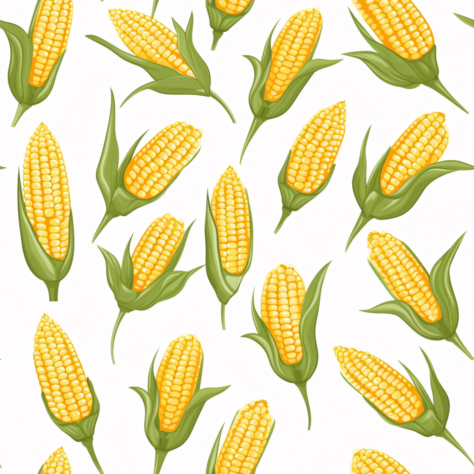 yellow corn, golden kernels, green husks, corn cobs, vegetable pattern, farm produce, harvest theme, botanical design, food illustration,, fabric panel, seamless pattern, agricultural motif, summer vegetables, bright yellow, lime green, white background, scattered layout, kitchen theme, garden fresh