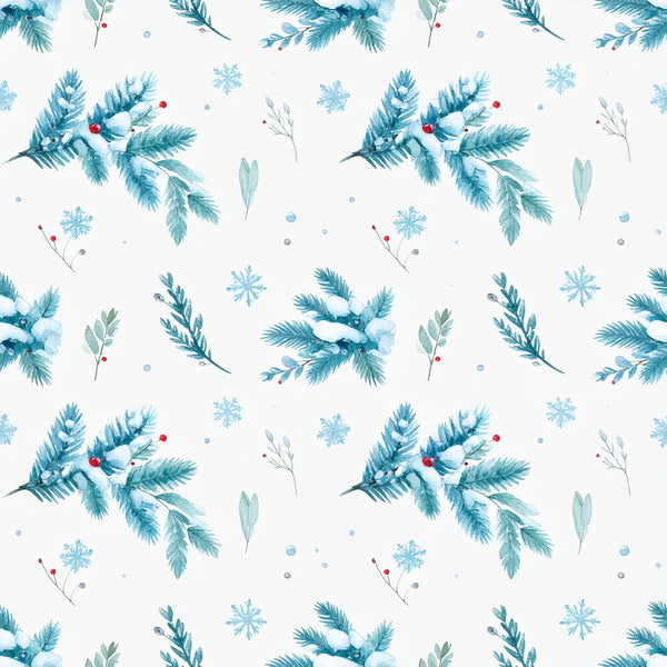 teal blue, turquoise, soft blue, light blue, white, winter, holiday, christmas, snowflakes, evergreen branches, pine branches, fir trees, berries, red berries, delicate florals, nature, botanical, elegant, whimsical, festive, seasonal, nursery, baby shower, kids room, playroom, wintery, frost, snowy, modern, watercolor