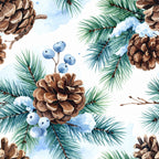 forest green, cream, sky blue, brown, winter pine needles, pinecones, juniper berries, nature, holiday, christmas, winter, rustic, traditional, botanical, evergreen branches, snow, woodland, festive, seasonal, cozy, natural, watercolor, painted, spruce, fir branches, blue berries, winter forest, cabin style, lodge decor