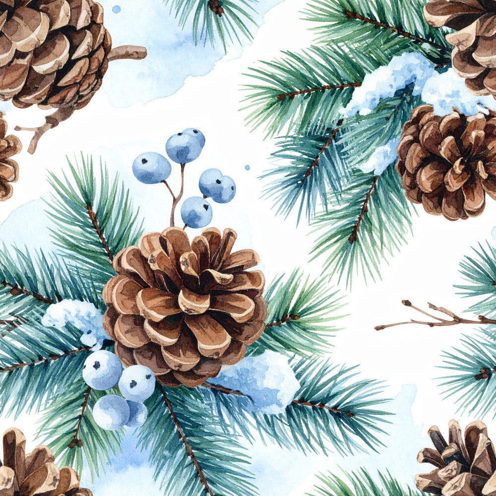 forest green, cream, sky blue, brown, winter pine needles, pinecones, juniper berries, nature, holiday, christmas, winter, rustic, traditional, botanical, evergreen branches, snow, woodland, festive, seasonal, cozy, natural, watercolor, painted, spruce, fir branches, blue berries, winter forest, cabin style, lodge decor