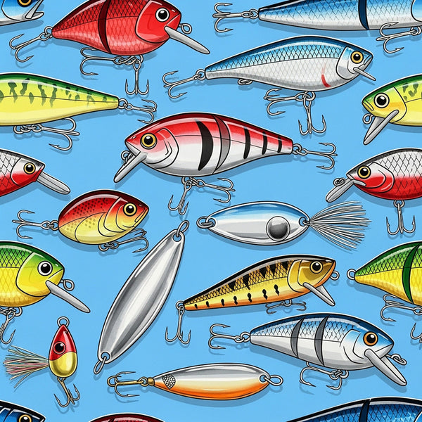 fishing lures, fishing tackle, fish themed, nautical, sports fishing, red, yellow, green, blue, white, silver, metallic, playroom, kids room, boys room, children's decor, whimsical, fun, colorful, sport themed, outdoor recreation, hobby themed, summer, water sports, fishing gear, striped pattern, multi-colored