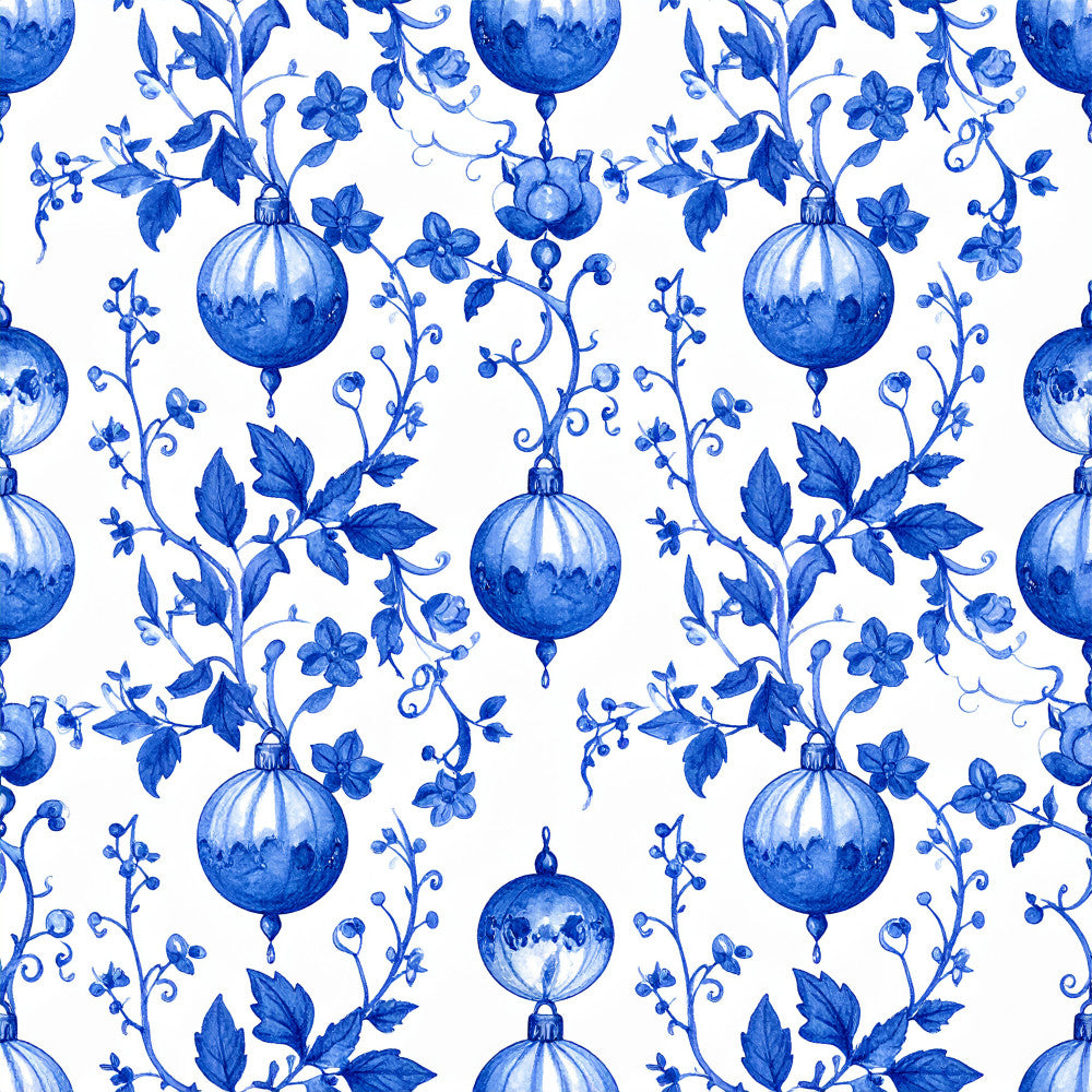 cobalt blue, royal blue, white background, floral pattern, ornamental design, vintage style, elegant, traditional, botanical, delicate flowers, decorative vines, curling leaves, hanging ornaments, christmas ornaments, holiday themed, festive, whimsical, nature inspired, garden flowers, scrollwork, classic damask, toile inspired, timeless, sophisticated, ornate, decorative balls, blue and white, seasonal, winter holiday, nursery decor