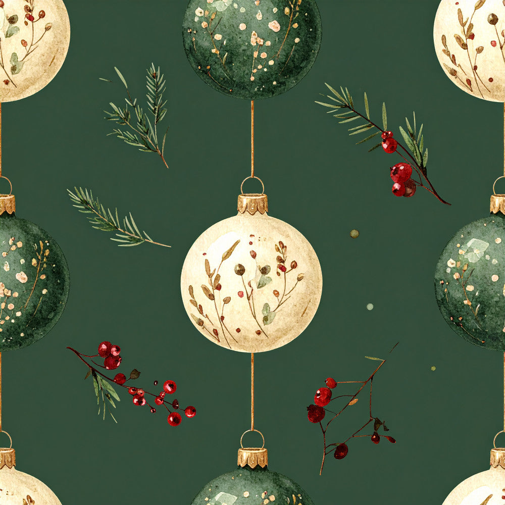 forest green, cream, gold, burgundy red, christmas ornament, holiday, winter, botanical, berries, evergreen branches, pine needles, nature, elegant, rustic, vintage, festive, traditional, decorative balls, red berries, gold accents, natural elements, seasonal, celebration, home decor, timeless, classic holiday, winter botanicals, ornament pattern, metallic gold, deep green background