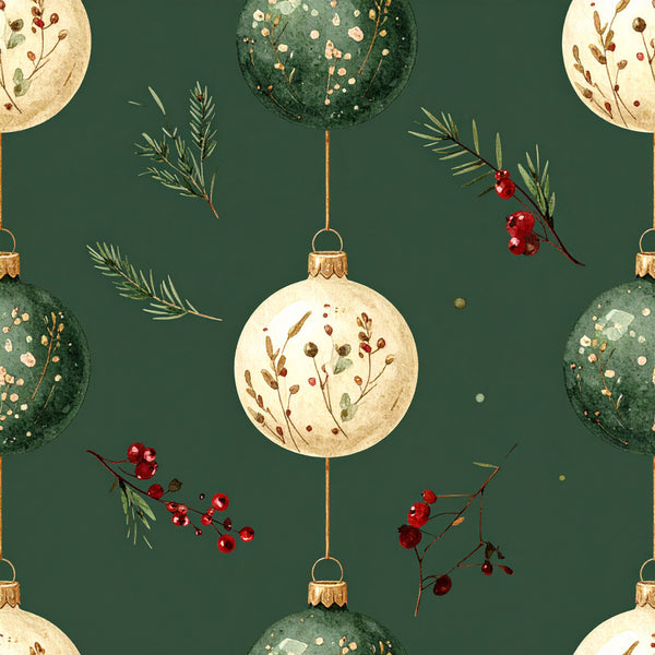forest green, cream, gold, burgundy red, christmas ornament, holiday, winter, botanical, berries, evergreen branches, pine needles, nature, elegant, rustic, vintage, festive, traditional, decorative balls, red berries, gold accents, natural elements, seasonal, celebration, home decor, timeless, classic holiday, winter botanicals, ornament pattern, metallic gold, deep green background