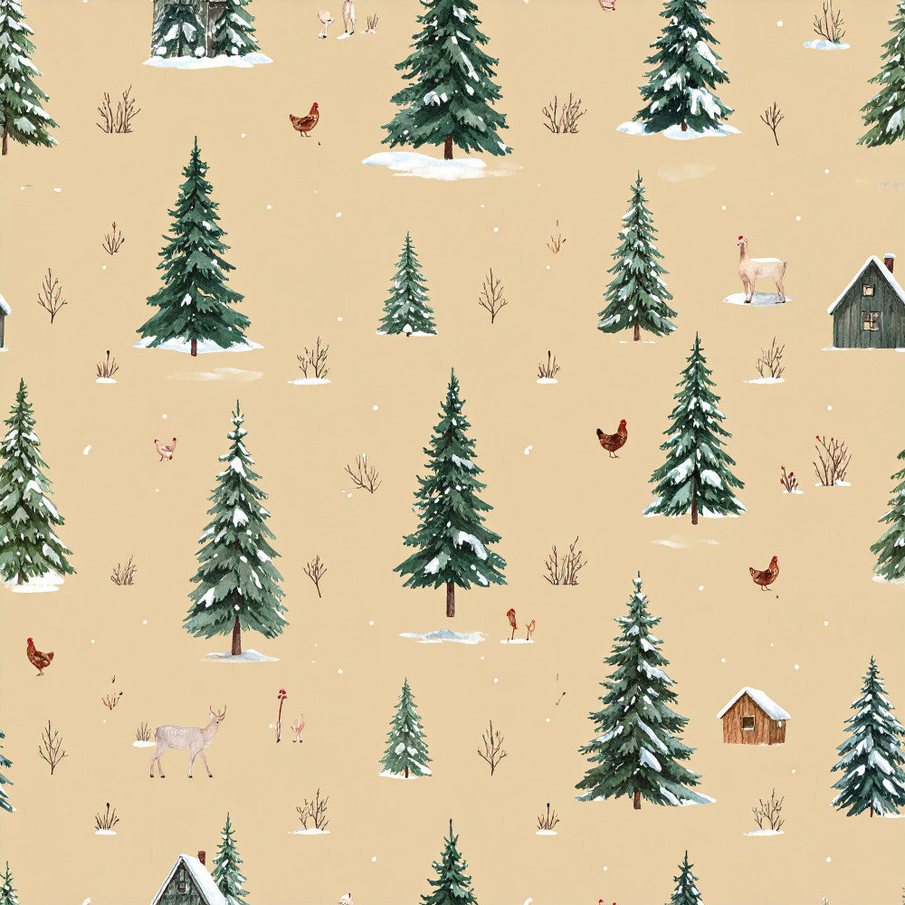 winter forest, cream background, forest green, evergreen trees, snow-covered trees, farmhouse style, rustic cabin, woodland animals, chickens, deer, goats, winter animals, holiday theme, christmas theme, cabin aesthetic, countryside, pastoral, whimsical, nature scene, winter scene, small houses, barns, bare branches, snowy landscape, cozy cabin, country living, farm animals, winter decor, kids room, nursery