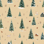 winter forest, cream background, forest green, evergreen trees, snow-covered trees, farmhouse style, rustic cabin, woodland animals, chickens, deer, goats, winter animals, holiday theme, christmas theme, cabin aesthetic, countryside, pastoral, whimsical, nature scene, winter scene, small houses, barns, bare branches, snowy landscape, cozy cabin, country living, farm animals, winter decor, kids room, nursery