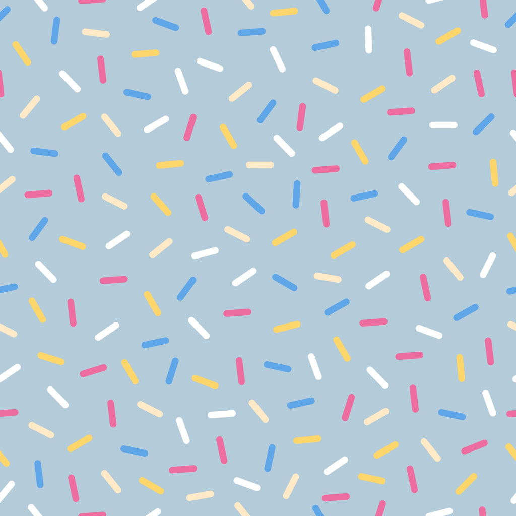 rainbow sprinkles, colorful sprinkles, blue background, pink sprinkles, yellow sprinkles, white sprinkles, orange sprinkles, scattered pattern, random placement, sweet treats, dessert theme, bakery motif, cheerful design, playful pattern,, fabric panel, confetti style, candy colors, fun design, whimsical sprinkles