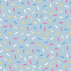 rainbow sprinkles, colorful sprinkles, blue background, pink sprinkles, yellow sprinkles, white sprinkles, orange sprinkles, scattered pattern, random placement, sweet treats, dessert theme, bakery motif, cheerful design, playful pattern,, fabric panel, confetti style, candy colors, fun design, whimsical sprinkles
