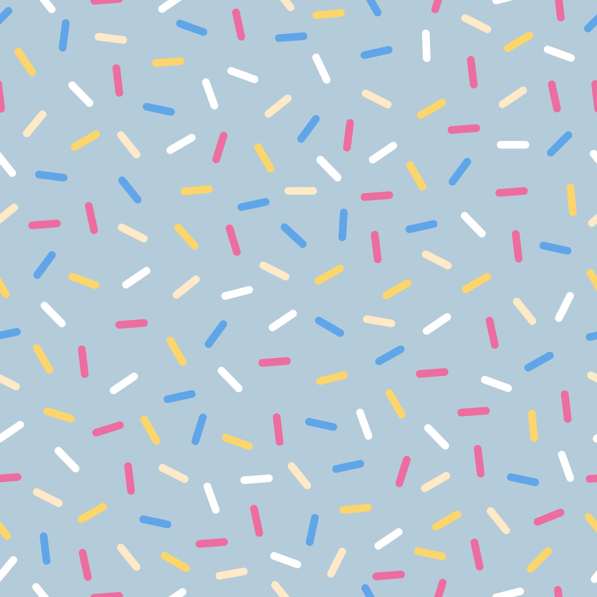 rainbow sprinkles, colorful sprinkles, blue background, pink sprinkles, yellow sprinkles, white sprinkles, orange sprinkles, scattered pattern, random placement, sweet treats, dessert theme, bakery motif, cheerful design, playful pattern,, fabric panel, confetti style, candy colors, fun design, whimsical sprinkles