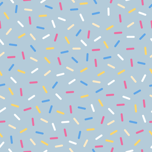rainbow sprinkles, colorful sprinkles, blue background, pink sprinkles, yellow sprinkles, white sprinkles, orange sprinkles, scattered pattern, random placement, sweet treats, dessert theme, bakery motif, cheerful design, playful pattern,, fabric panel, confetti style, candy colors, fun design, whimsical sprinkles