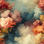 coral pink, dusty rose, cream, soft peach, sage green, teal, golden yellow, burnt orange, red, floral, flowers, peonies, gerbera daisies, romantic, dreamy, whimsical, elegant, vintage, botanical, nature, cloud-like, soft, ethereal, feminine, artistic, painterly, garden, spring, summer, delicate