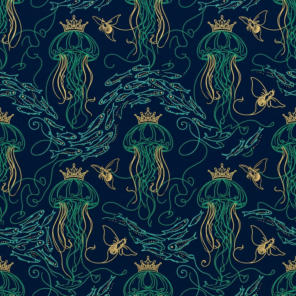 navy blue, forest green, gold, teal, ocean theme, nautical, jellyfish, fish, sea creatures, underwater, crown, royalty, bee, insects, marine life, whimsical, elegant, luxury, deep sea, ocean kingdom, fantasy, magical, celestial, dark blue background, golden accents, seaweed, aquatic, nature, ocean animals, sophisticated