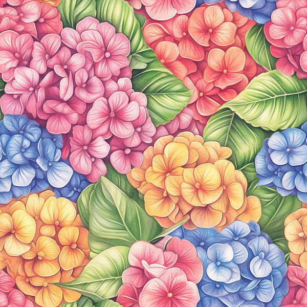 hydrangeas, floral pattern, pink flowers, blue flowers, orange flowers, yellow flowers, green leaves, tropical leaves, botanical design,, fabric panel, colorful blooms, garden flowers, nature motif, bright colors, seamless pattern, crafting fabric, vibrant florals, spring flowers, textile design