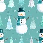teal background, white snowman, forest green, soft teal, winter theme, christmas, holiday, snowflakes, pine trees, evergreen trees, festive, whimsical, cute, playroom, kids room, nursery, top hat, scarf, carrot nose, snow, wintery, seasonal, children's fabric, gender neutral, winter wonderland, playful design, illustration style