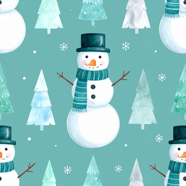 teal background, white snowman, forest green, soft teal, winter theme, christmas, holiday, snowflakes, pine trees, evergreen trees, festive, whimsical, cute, playroom, kids room, nursery, top hat, scarf, carrot nose, snow, wintery, seasonal, children's fabric, gender neutral, winter wonderland, playful design, illustration style