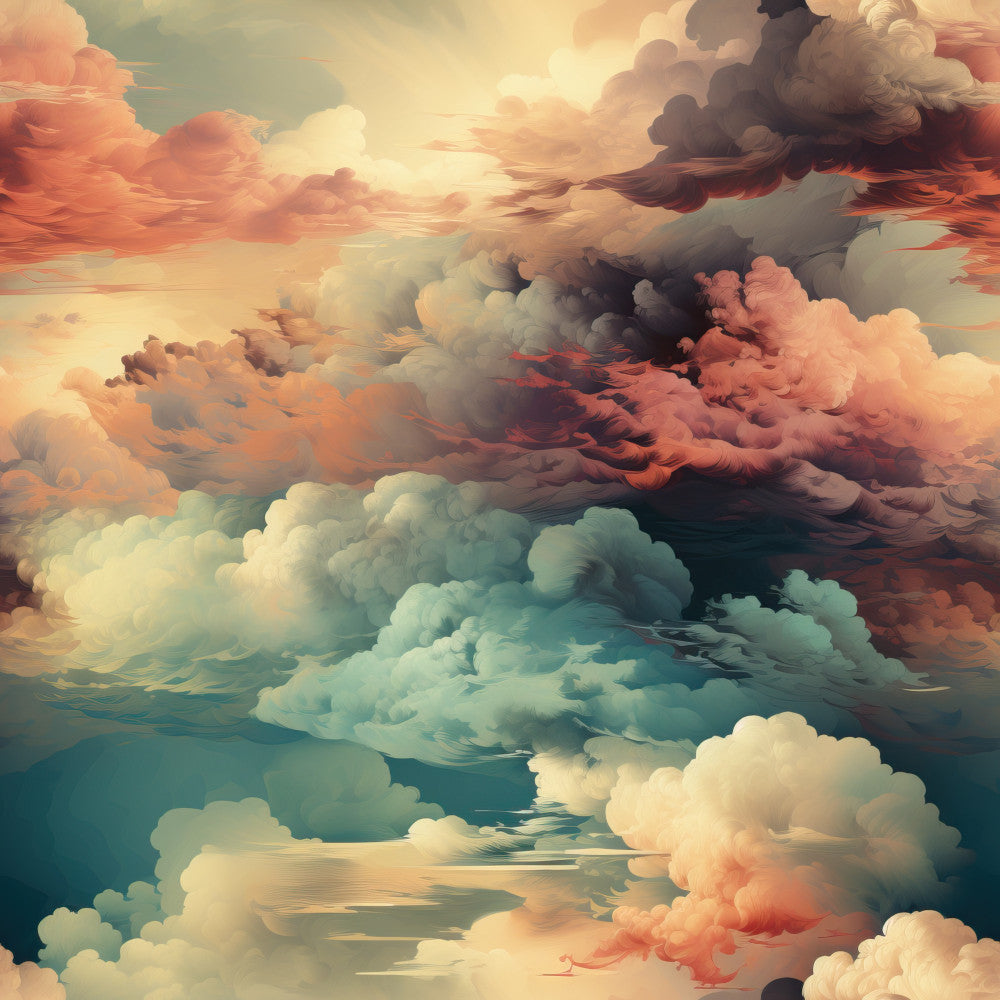 dreamy clouds, cotton candy pink, coral, peachy rose, dusty rose, sage green, teal, cream, soft yellow, abstract clouds, cloud pattern, celestial, sky theme, dreamy aesthetic, whimsical, fantasy, ethereal, romantic, soft and cuddly, nursery, baby room, kids room, gender neutral, peaceful, calming, sunset clouds, sunrise, pastel colors, artistic, watercolor effect