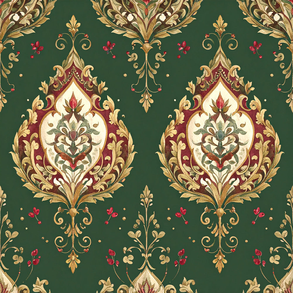 forest green, gold, burgundy, cream, damask, floral, paisley, ornamental, baroque, victorian, elegant, traditional, vintage, botanical, scrollwork, flourishes, lilies, lotus flowers, berries, leaves, ornate, luxurious, classic, timeless, regal, decorative, intricate, opulent