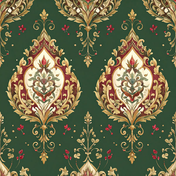 forest green, gold, burgundy, cream, damask, floral, paisley, ornamental, baroque, victorian, elegant, traditional, vintage, botanical, scrollwork, flourishes, lilies, lotus flowers, berries, leaves, ornate, luxurious, classic, timeless, regal, decorative, intricate, opulent