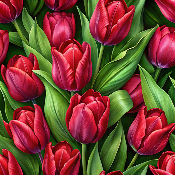 red tulips, pink tulips, green leaves, realistic flowers, floral pattern, botanical design, spring flowers, vibrant colors, crimson petals, emerald foliage,, fabric panel, garden theme, nature motif, detailed illustration, blooming tulips, stem and leaf, fresh springtime, colorful blossoms