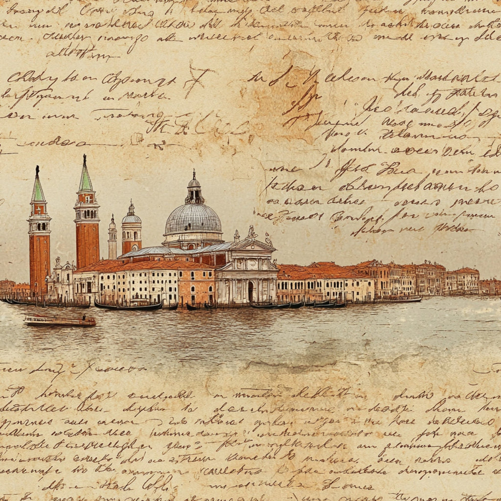 vintage map, handwritten script, venice architecture, campanile towers, watercolor illustration, aged parchment, sepia tones, burnt orange, sage green, italian cityscape, gondola boats, historic buildings, antique manuscript, travel journal,, fabric panel, old world charm, european landmarks, nostalgic artwork, weathered texture