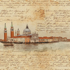 vintage map, handwritten script, venice architecture, campanile towers, watercolor illustration, aged parchment, sepia tones, burnt orange, sage green, italian cityscape, gondola boats, historic buildings, antique manuscript, travel journal,, fabric panel, old world charm, european landmarks, nostalgic artwork, weathered texture