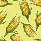 yellow, golden yellow, green, light yellow background, corn cobs, corn husks, vegetable pattern, food motif, harvest theme, autumn elements, repeating pattern, botanical design, farm produce,, fabric panel, realistic illustration, kitchen theme, cooking motif, garden vegetables, agricultural design
