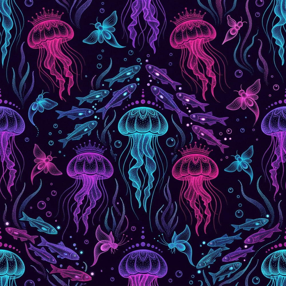 neon pink, cyan blue, purple, magenta, dark navy background, jellyfish, fish, sea creatures, ocean life, nautical, underwater, bioluminescent, glowing, neon glow, modern, whimsical, fantastical, celestial, magical, glow-in-the-dark aesthetic, seaweed, marine animals, tropical, kids room, playroom, nursery, adventure theme, summer, vibrant colors, dotted details