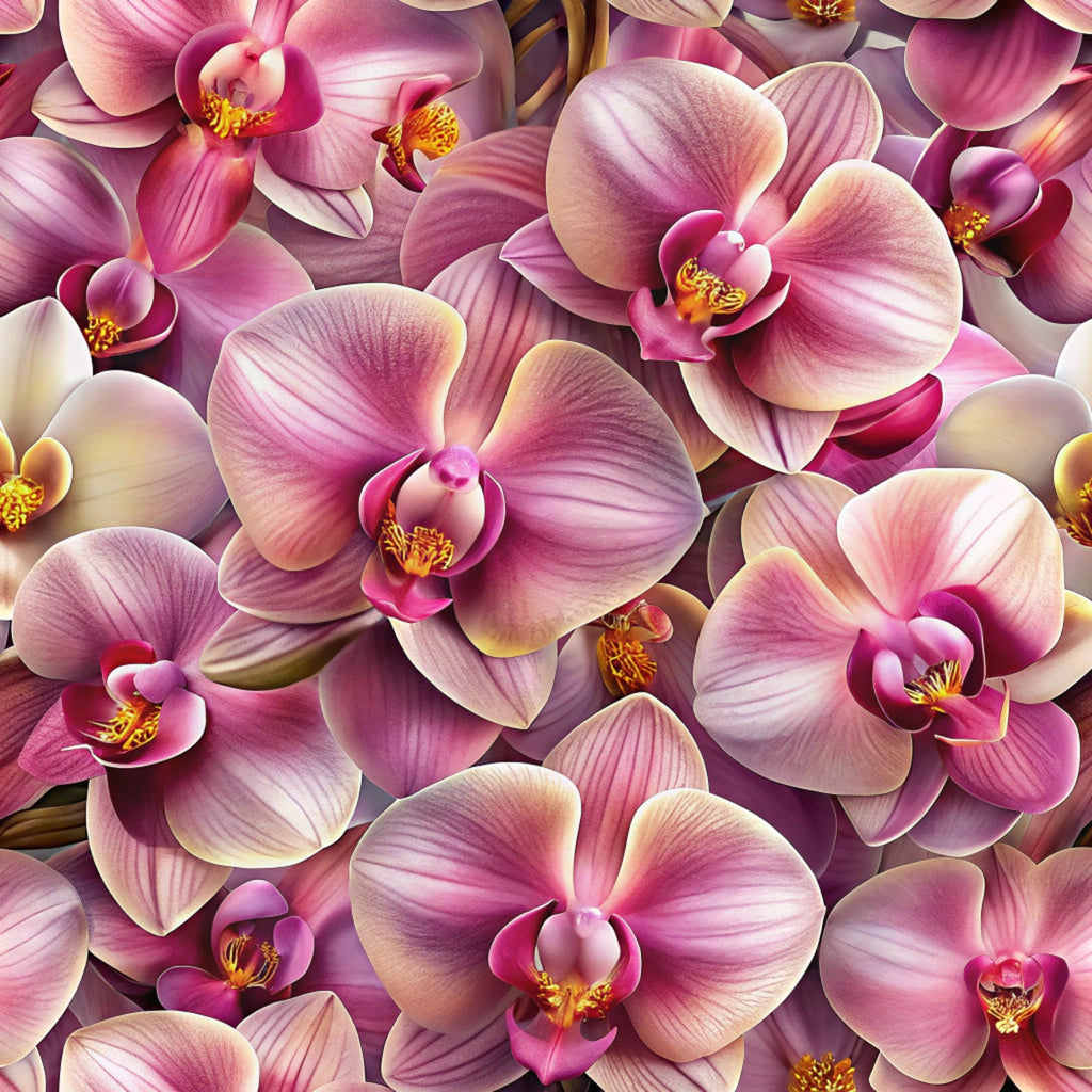 pink orchids, purple flowers, magenta petals, cream accents, yellow stamens, realistic floral, botanical pattern, exotic flowers, tropical blooms, seamless design,, fabric panel, floral motif, orchid blossoms, nature inspired, elegant florals, vibrant colors, detailed petals, flower photography style, cotton fabric