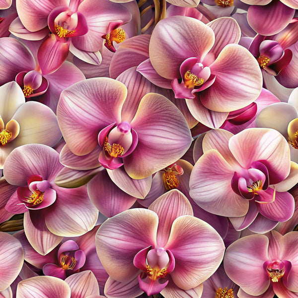pink orchids, purple flowers, magenta petals, cream accents, yellow stamens, realistic floral, botanical pattern, exotic flowers, tropical blooms, seamless design,, fabric panel, floral motif, orchid blossoms, nature inspired, elegant florals, vibrant colors, detailed petals, flower photography style, cotton fabric