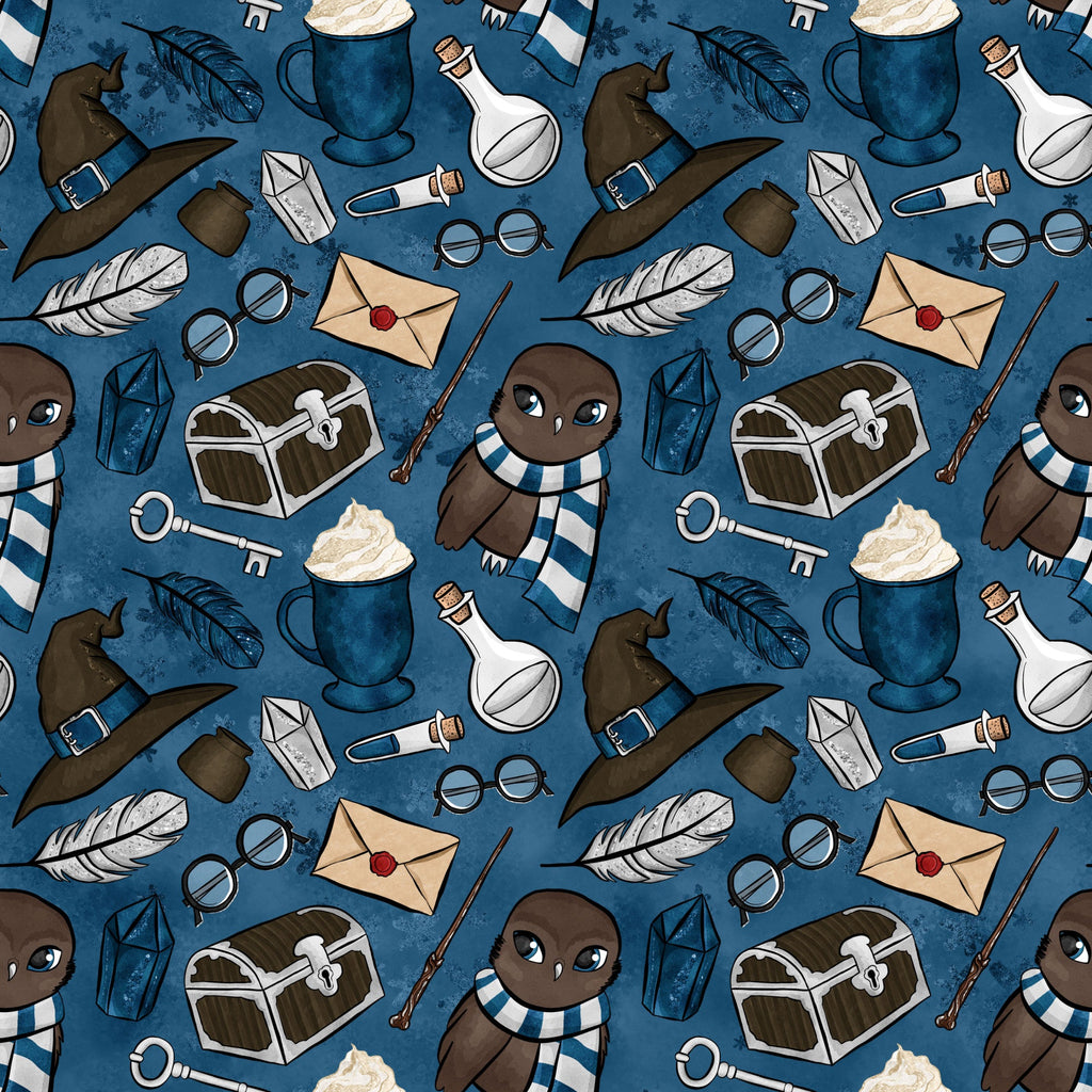 navy blue, dark blue, wizard hat, owl character, magic wand, potion bottle, treasure chest, feather quill, envelope, round glasses, lantern, skeleton key, hot chocolate mug, whimsical pattern, magical theme, school supplies, fantasy elements,, fabric panel, repeating motif, cute owl, striped scarf, mystical items