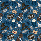 navy blue, dark blue, wizard hat, owl character, magic wand, potion bottle, treasure chest, feather quill, envelope, round glasses, lantern, skeleton key, hot chocolate mug, whimsical pattern, magical theme, school supplies, fantasy elements,, fabric panel, repeating motif, cute owl, striped scarf, mystical items
