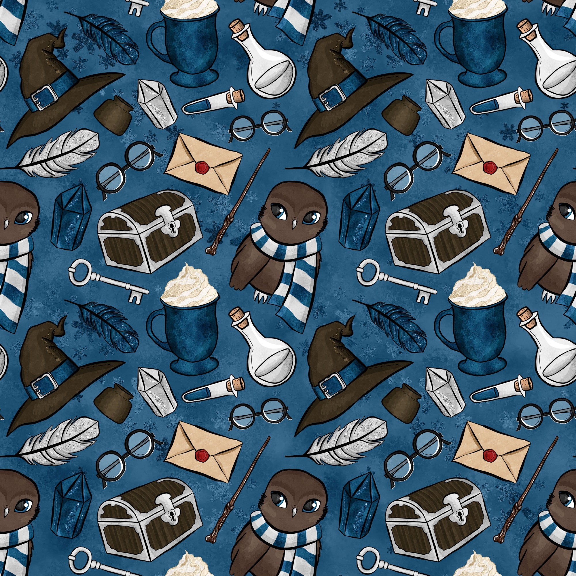 navy blue, dark blue, wizard hat, owl character, magic wand, potion bottle, treasure chest, feather quill, envelope, round glasses, lantern, skeleton key, hot chocolate mug, whimsical pattern, magical theme, school supplies, fantasy elements,, fabric panel, repeating motif, cute owl, striped scarf, mystical items