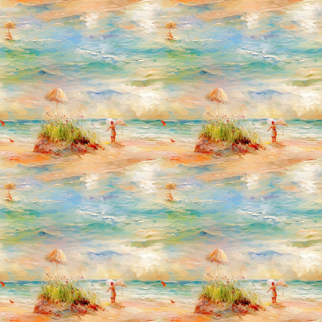 beach scene, ocean waves, impressionist style, peach umbrella, figure silhouette, sand dunes, sea grass, turquoise water, coral pink, soft pastels, watercolor effect, coastal landscape,, fabric panel, summer scene, peaceful mood, artistic brushstrokes, seaside setting, nature motif, repetitive pattern