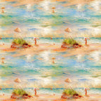 beach scene, ocean waves, impressionist style, peach umbrella, figure silhouette, sand dunes, sea grass, turquoise water, coral pink, soft pastels, watercolor effect, coastal landscape,, fabric panel, summer scene, peaceful mood, artistic brushstrokes, seaside setting, nature motif, repetitive pattern