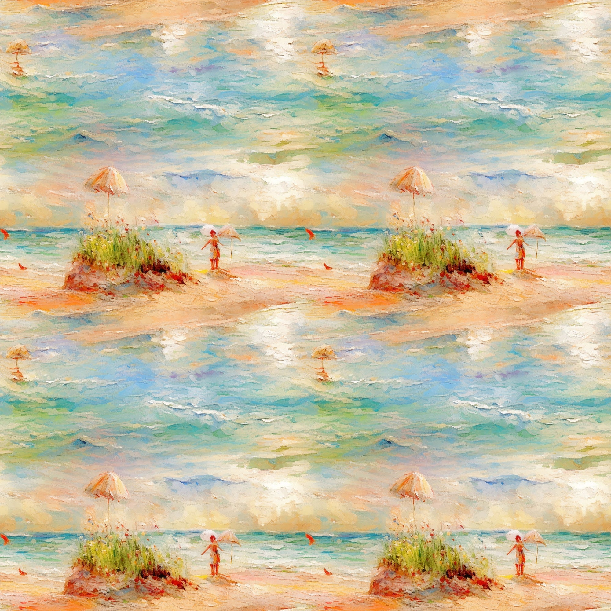 beach scene, ocean waves, impressionist style, peach umbrella, figure silhouette, sand dunes, sea grass, turquoise water, coral pink, soft pastels, watercolor effect, coastal landscape,, fabric panel, summer scene, peaceful mood, artistic brushstrokes, seaside setting, nature motif, repetitive pattern