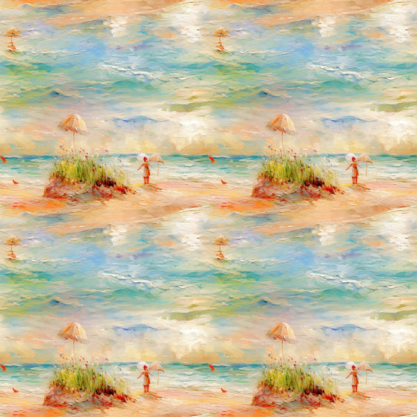 beach scene, ocean waves, impressionist style, peach umbrella, figure silhouette, sand dunes, sea grass, turquoise water, coral pink, soft pastels, watercolor effect, coastal landscape,, fabric panel, summer scene, peaceful mood, artistic brushstrokes, seaside setting, nature motif, repetitive pattern