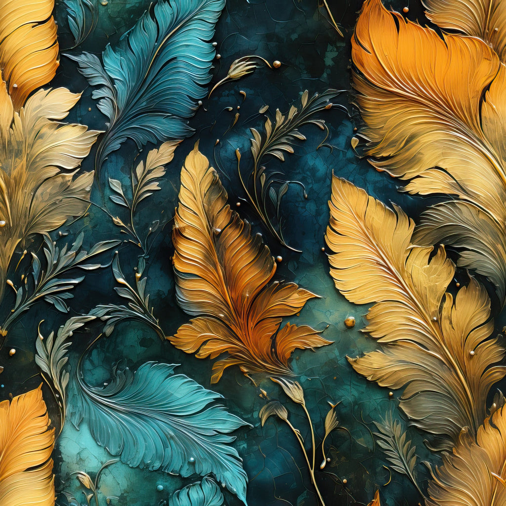 tropical feathers, golden orange, teal blue, deep emerald, autumn colors, ornate plumes, decorative feathers, luxurious pattern, botanical motifs, jewel tones,, fabric panel, exotic birds, flowing design, rich textures, warm hues, artistic illustration, nature inspired, fall theme, premium fabric