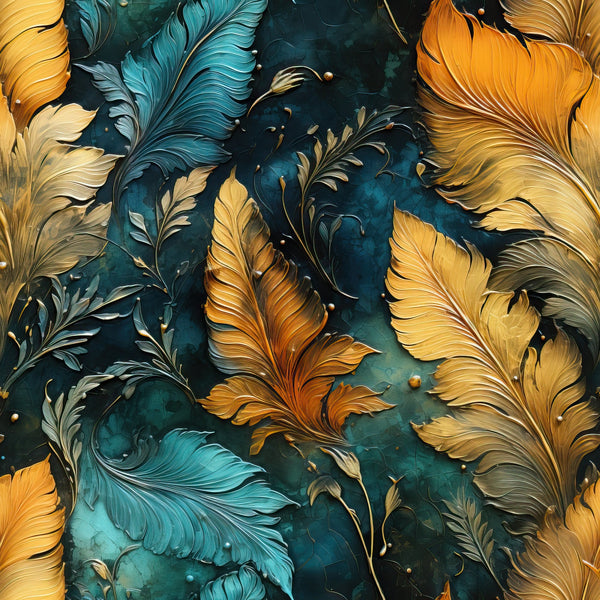 tropical feathers, golden orange, teal blue, deep emerald, autumn colors, ornate plumes, decorative feathers, luxurious pattern, botanical motifs, jewel tones,, fabric panel, exotic birds, flowing design, rich textures, warm hues, artistic illustration, nature inspired, fall theme, premium fabric