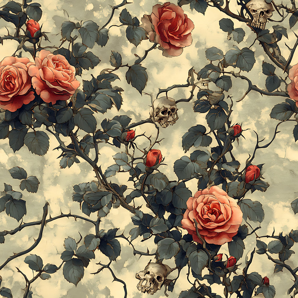 coral roses, skulls, thorny vines, gothic floral, peach roses, dark green leaves, cream background, morbid botanical, rose buds, bramble thorns,, fabric panel, gothic romance, skulls and roses, vintage style, moody floral, spooky garden, death and beauty, coral pink, dusty rose