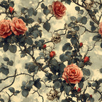 coral roses, skulls, thorny vines, gothic floral, peach roses, dark green leaves, cream background, morbid botanical, rose buds, bramble thorns,, fabric panel, gothic romance, skulls and roses, vintage style, moody floral, spooky garden, death and beauty, coral pink, dusty rose